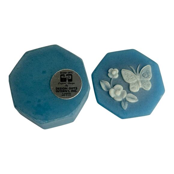 Vintage Incolay Stone Trinket Box Octagon Lid Butterfly Floral White Relief - Picture 4 of 7